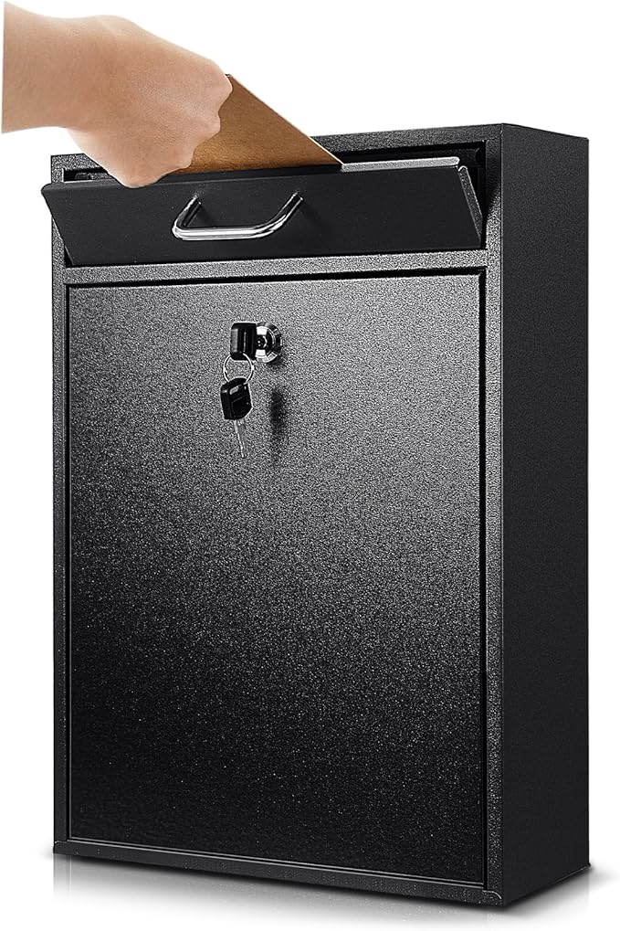 Yaocom Large Locking Mailbox with Key for Outdoor 16.2 x 11.2 x 4.7 Inches Large Wall Mount Mail Box with Lock Security Mail Drop Metal Collection Boxes Hanging Secure Postbox(Black)