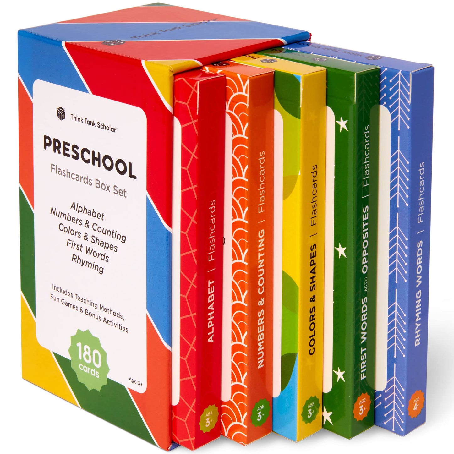 Award-Winning Flash Cards for Preschool & Kindergarten – 5-Deck Set, 180 Jumbo Cards – Learn Alphabet, Numbers, Colors, Shapes, First Words, Opposites & Rhyming – for Kids Ages 2–5