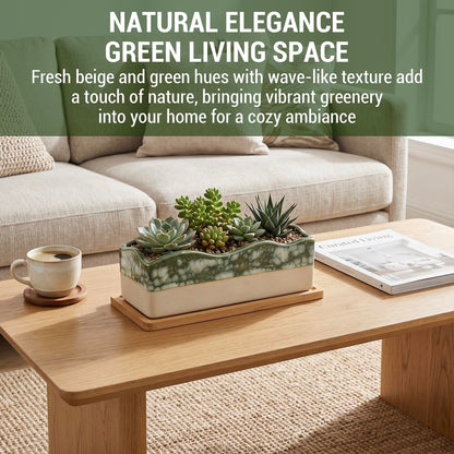 MyGift Rectangular Succulent Planter - Decorative Beige and Green Ceramic Glazed Plant Container Pot with Removable Bamboo Tray