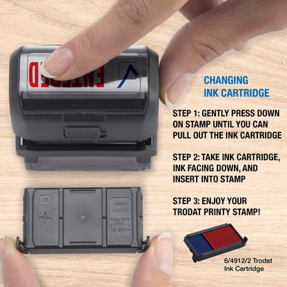 Trodat Printy 4912 2-Color Message Stamp - Self-Inking, Red and Blue Ink, Impression Size 3/4" x 1-7/8" (Entered)