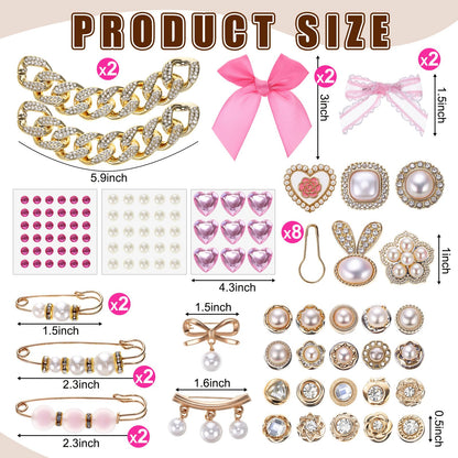 Trnayi 120 Pcs Junk Socks Charms Kit, Gold Brooches and Pins for Women Christmas Gifts, Pearl and Gems Bows Shoe Charms with Safety Pins for DIY Hat Clothes Bags(Pink,Stylish)