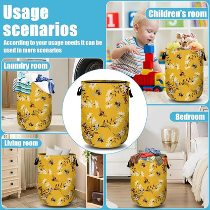 Bee Flower Laundry Basket, Spring Floral Laundry Hamper Collapsible Oxford Cloth