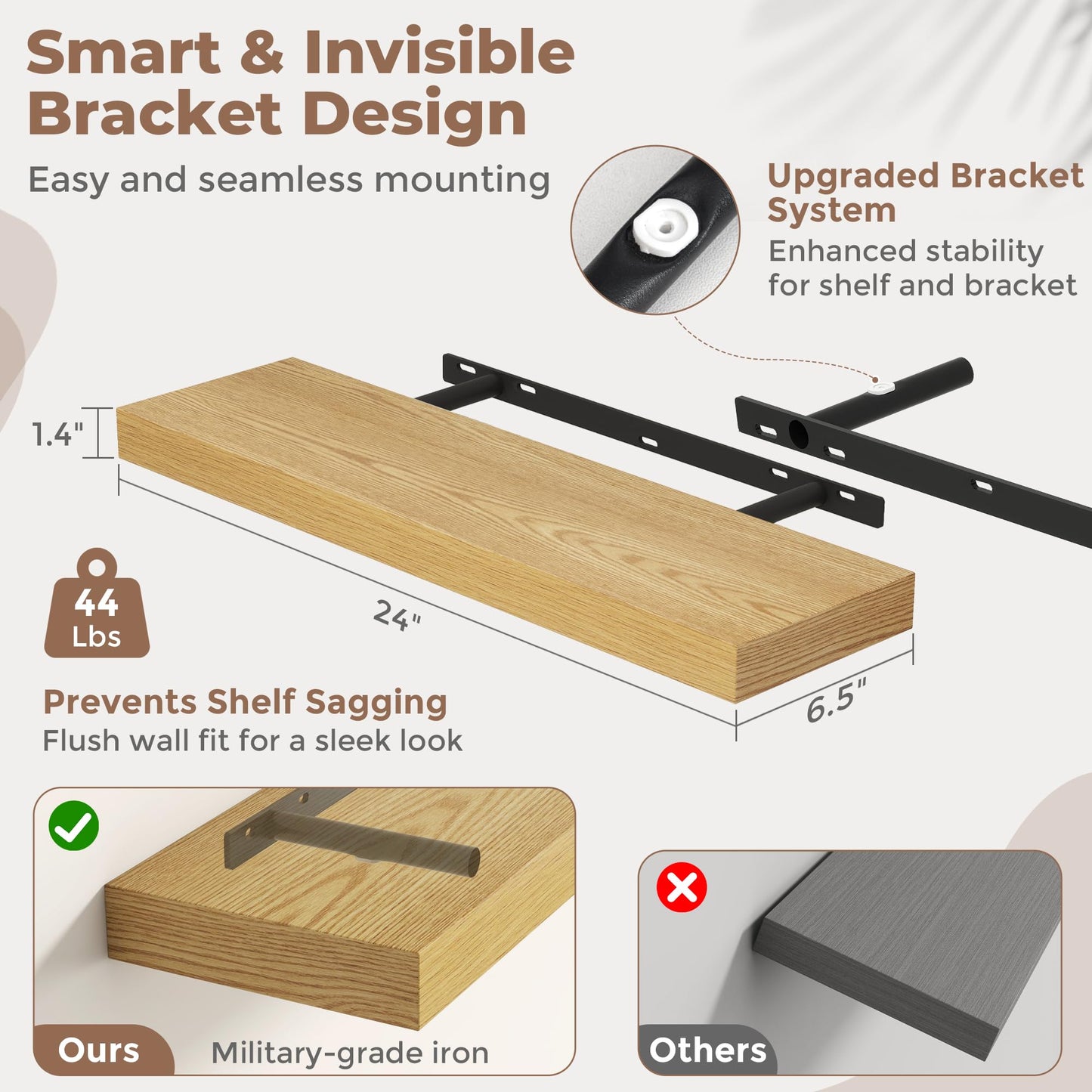 Venusmiles Floating Shelves for Wall, 24 Inch Floating Shelves Set of 2, 6.5" D Wooden Wall Mounted Display Shelves with Invisible Brackets for Living Room, Bedroom, Bathroom, Kitchen Decor, Oak