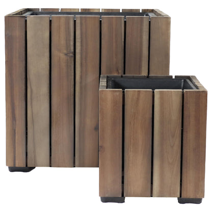 Sunnydaze Indoor/Outdoor Wooden Planter Boxes - 2 Acacia Wood Square Plant Pots with Plastic Liners - Anthracite Stain