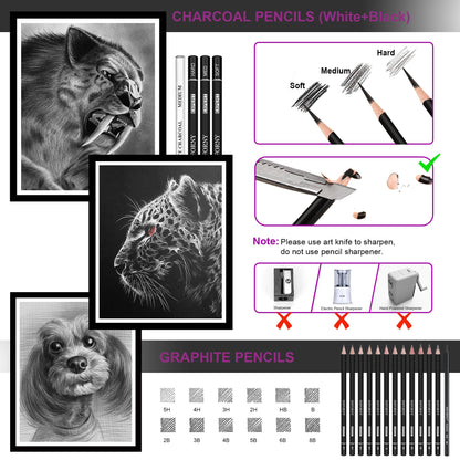 HIFORNY 42 PCS Drawing Set, Sketching Kit with Graphite & Charcoal Pencils, Blending Tools, Erasers & Accessories, Portable Zippered Travel Case for Artists & Beginners