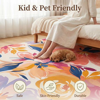 GraceSway 3x5 Washable Area Rug, Colorful Watercolor Floral Botanical Rug, Ultra Soft Faux Cashmere Low Pile Accent Carpet, Non Slip Foldable Pet Friendly Mat for Bedroom, Living Room, Girls Nursery