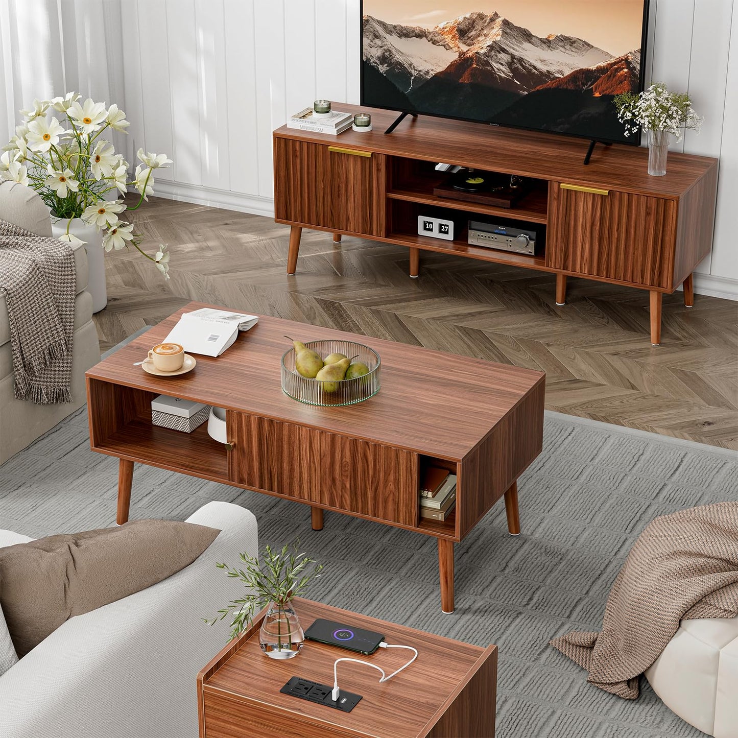 LCRBOL Coffee Table with Fluted Sliding Door, Mid-Century, Walnut