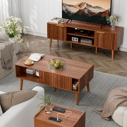LCRBOL Coffee Table with Fluted Sliding Door, Mid-Century, Walnut
