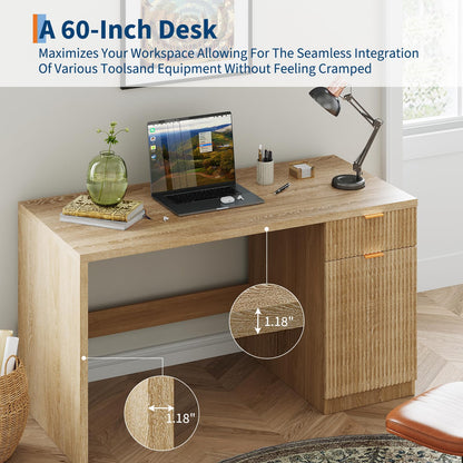 BouPower 60" Fluted Executive Desk with Drawers, Wood Computer Desk with Storage Cabinet, Home Office Desks with Storage for Study Room, Bedroom, Living Room, Natural Oak