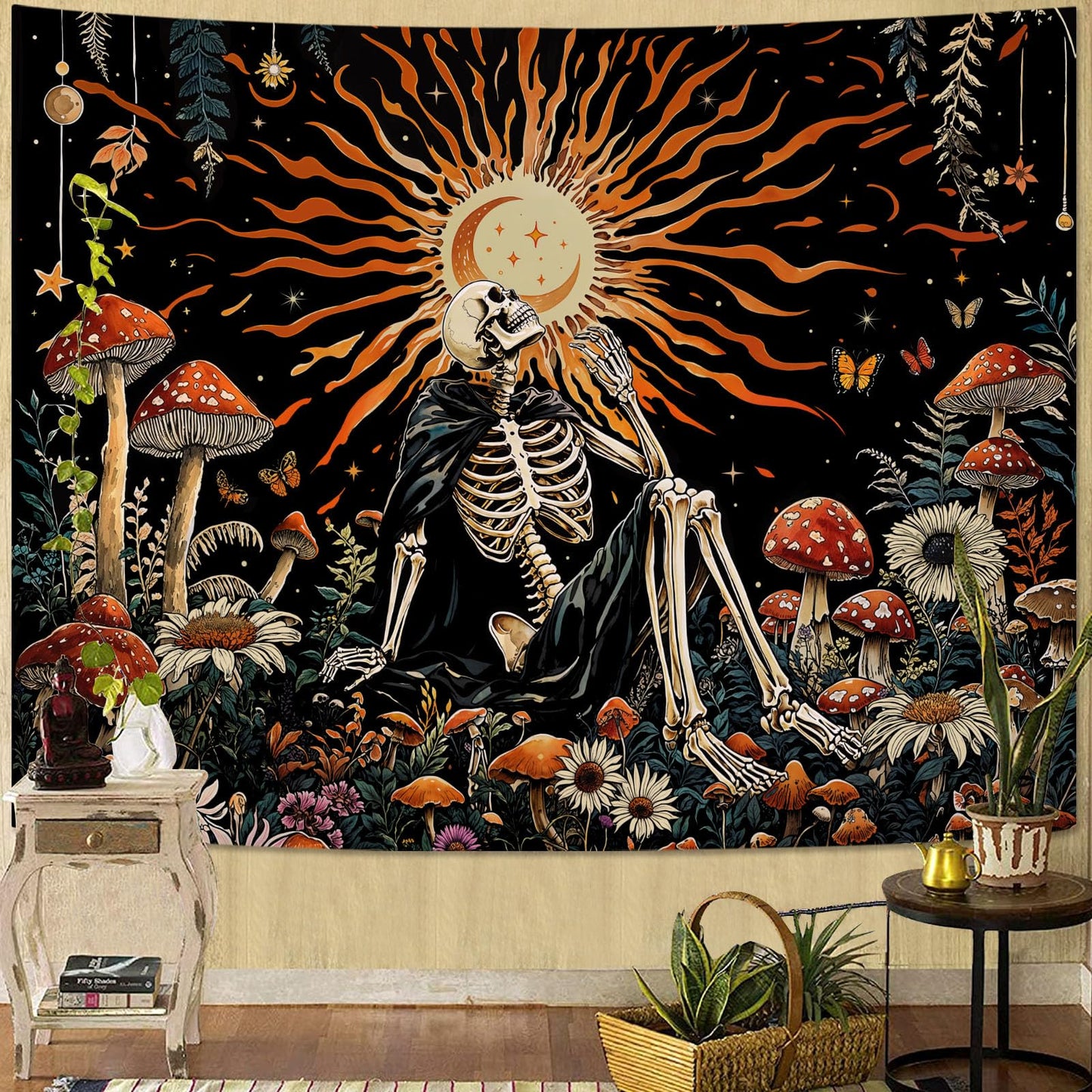Kanuyee Fantast Meditating Skeleton Tapestry Mushroom Wall Art Tapestries Gothic Boho Room Decor Aesthetic Wall Hanging for Bedroom Dorm Living Room Fantasy Art 90x70 Inch