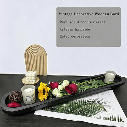 Wooden Dough Bowls Decorative，Rustic Bread Long Bowls Decor Wood Tray, Hand Carved for Table Centerpiece Decor, Home Decor (30 * 6 * 2 inch Black)