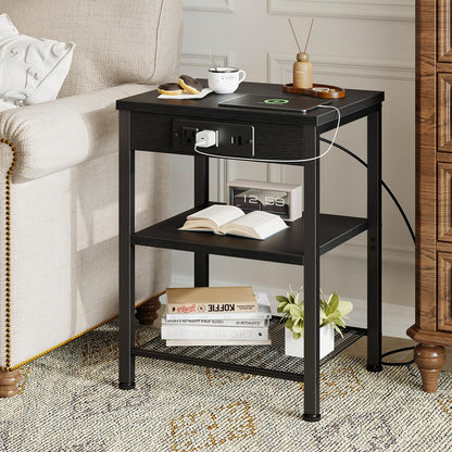 DUMOS 15.7" Small Side Table with Charging Station, End Table with Outlets & USB Ports, 3-Tier Adjustable Storage Nightstand for Living Room, Bedroom, Small Spaces, Record Player Stand, Black