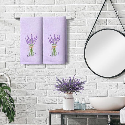 2 Pcs Lavender Hand Towels Purple Bathroom Decor 14x29 Inch Embroidered 100%