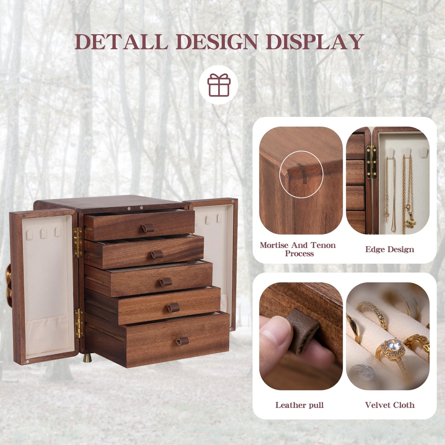 KAOTGOT Jewelry Box for Women Girls, Wooden Jewelry Box Organizer Functional With Drawers, 5 Layers Jewelry Storage Organizer for Earring, Ring, Necklace, Bracelets