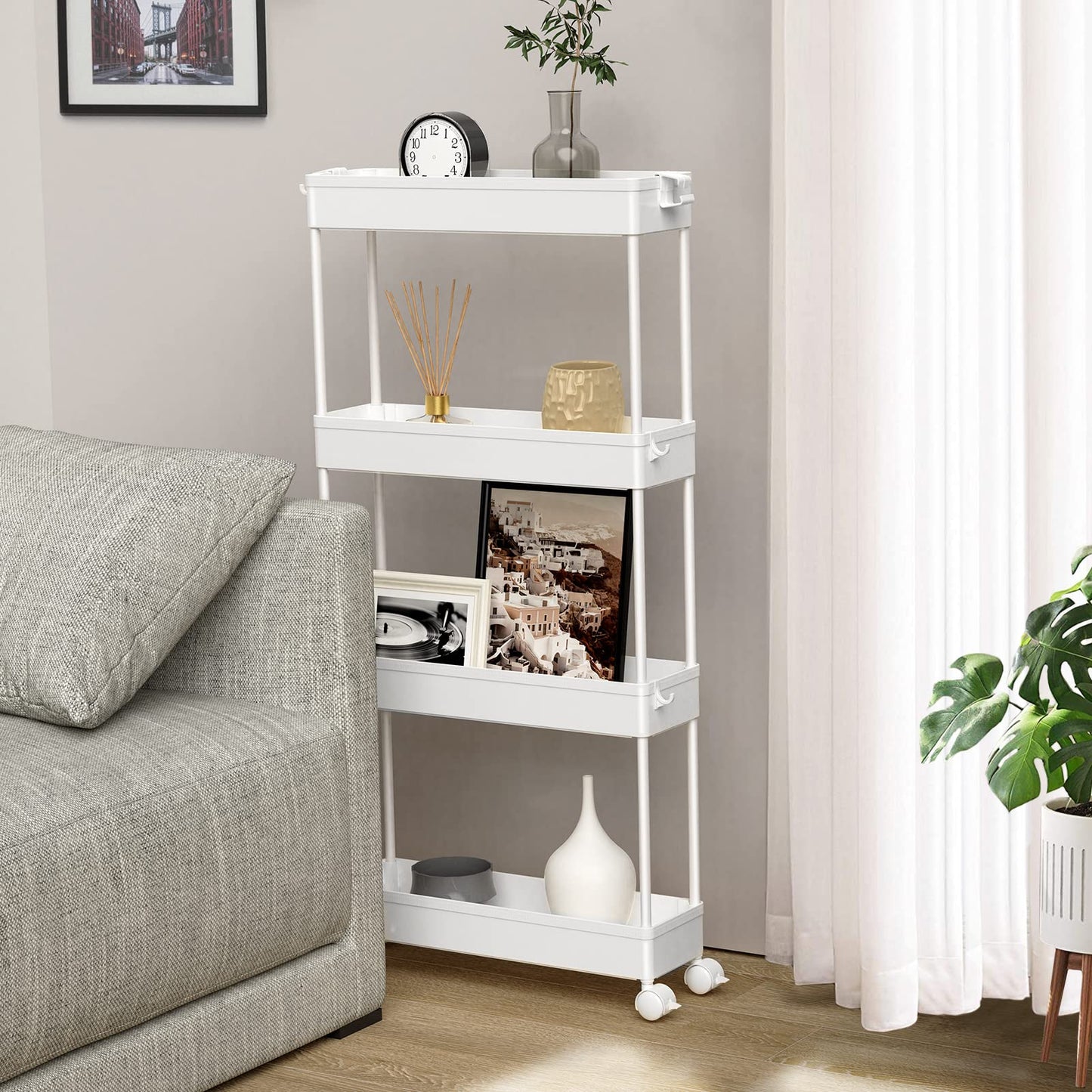 SPACELEAD Slim Storage Cart 4 Tier,Bathroom Organizer Rolling Utility, Mobile Shelving Unit Slide Out for Office, Kitchen, Laundry Room & Narrow Places,White