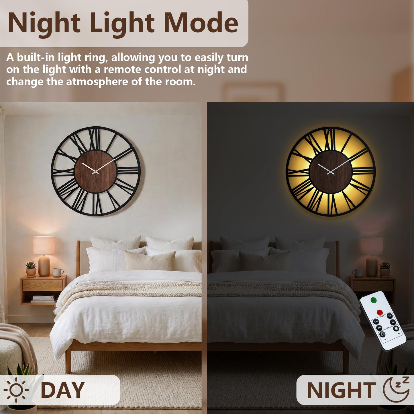 Jassurance Large Lighted Wood Wall Clock Remote Control, Roman Numeral Modern Decorative Clock with Silent Movement, Battery Operated Clocks for Living Room Decor