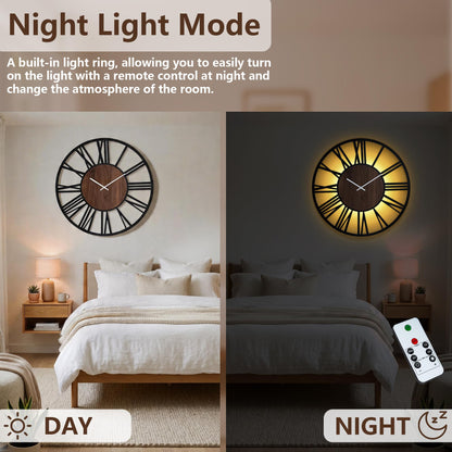 Jassurance Large Lighted Wood Wall Clock Remote Control, Roman Numeral Modern Decorative Clock with Silent Movement, Battery Operated Clocks for Living Room Decor