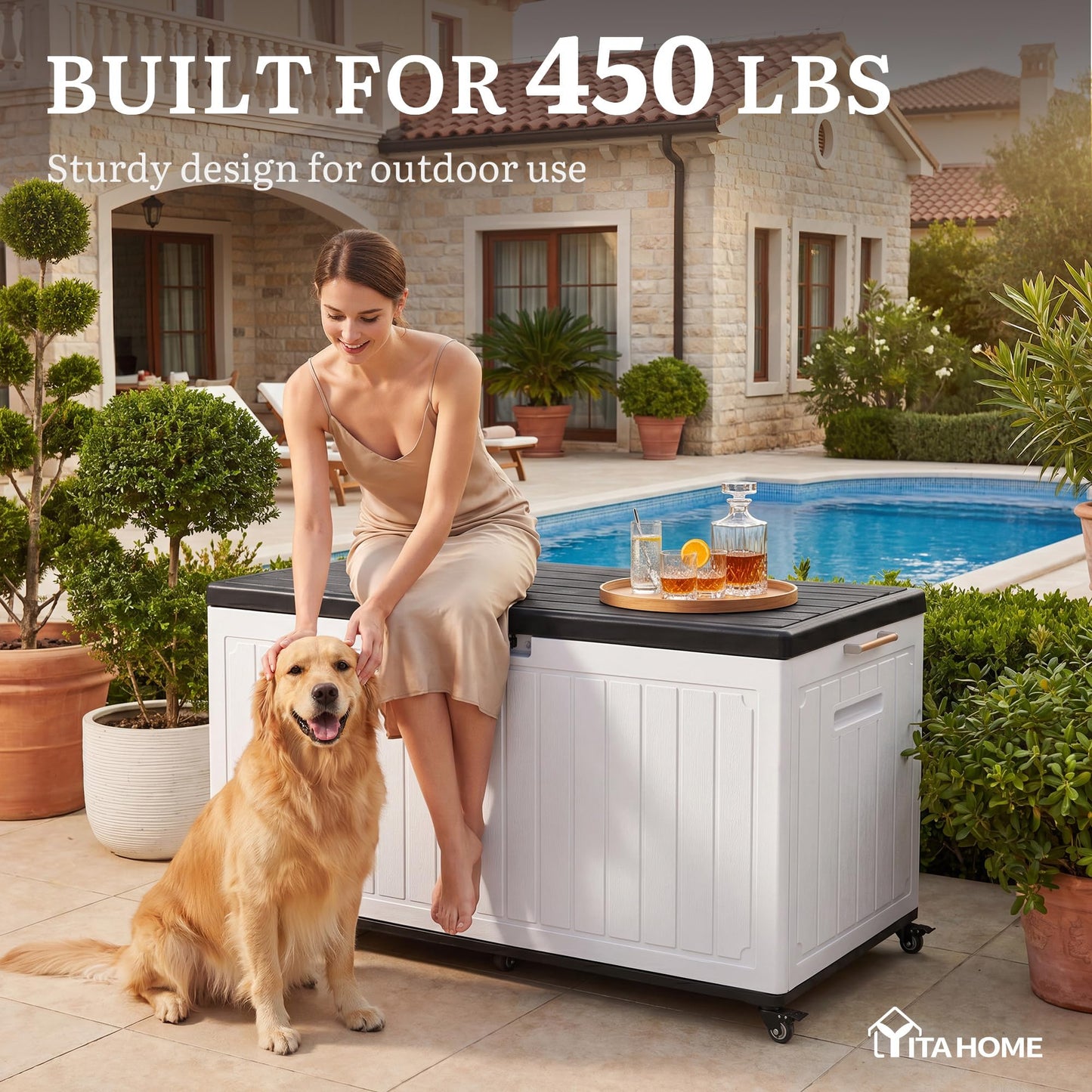 YITAHOME 90 Gallon Outdoor Storage Box with 6 Swivel Wheels & Dual Wooden Handles, Large Double-Wall Resin Deck Box, Lockable Waterproof Patio Organizer for Furniture, Cushions, White & Black