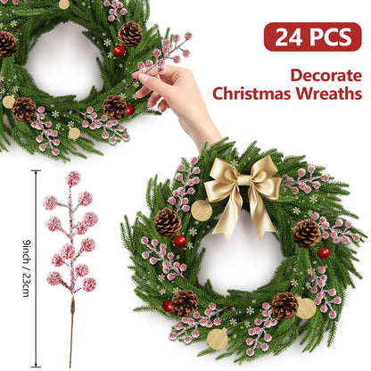 Sherika 24 Pcs Artificial Christmas Snowy Holly Berry Stems 9" Red Frosted Berries Picks and Sprays for Christmas Tree Decorations Ornaments, DIY Craft Wreath Making Supplies Christmas Tree Decor