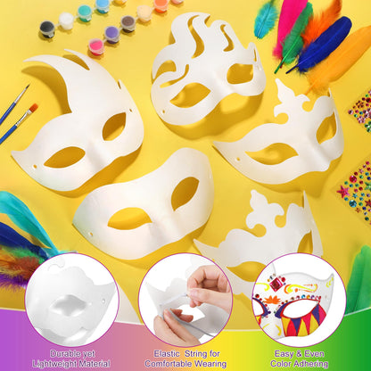 Elcoho 12 Pieces White Paper Masks DIY Kit with 100 Feathers Gemstone Paint Paper Mache Art Mask for Crafting Half Face Masquerade Mask for Party Decorations Adult Costume Party Favors