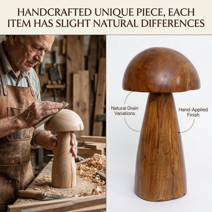 JOLLYMER Solid Teak Wood Mushroom Decor, Handmade Wooden Sculpture Rustic Boho Tabletop Accent, Natural Wood Grain Home Decoration Figurine for Living Room, Shelf, Coffee Table Indoor Decor
