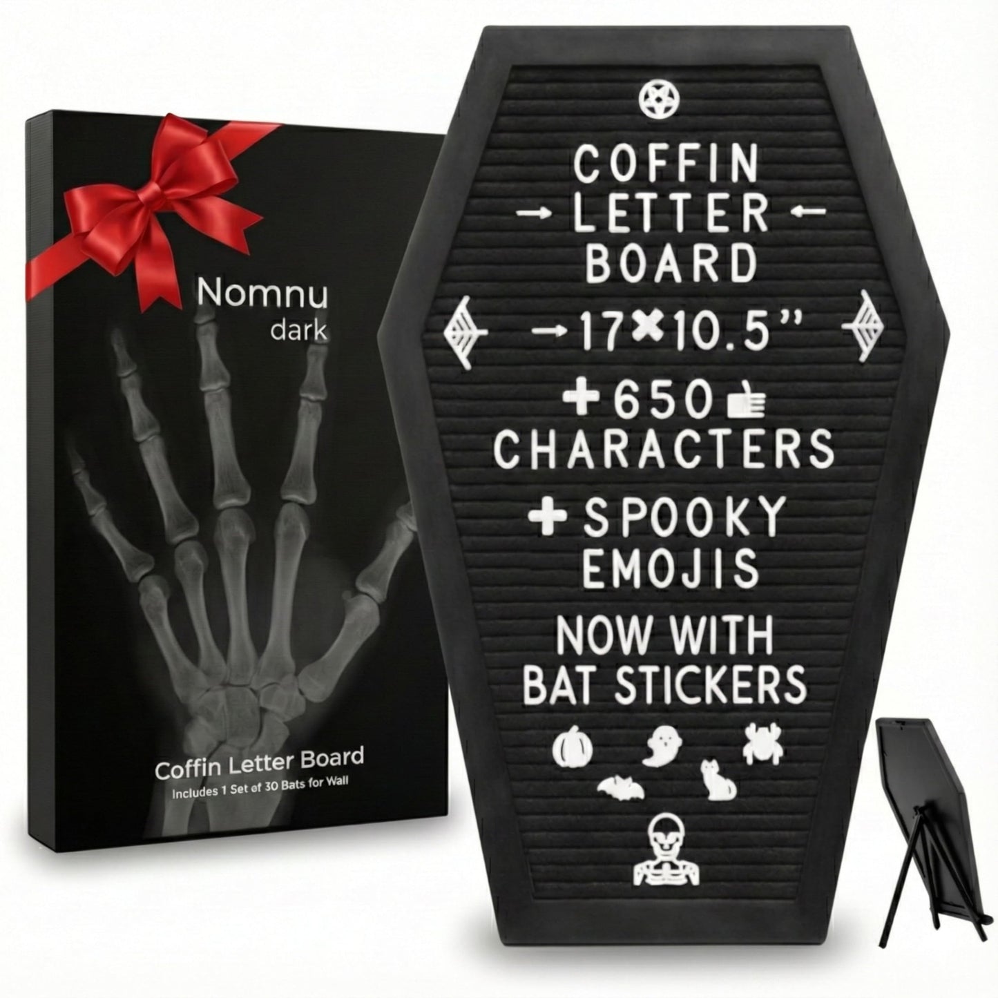 Nomnu Coffin Letter Board Black +3D Bat Stickers +650 Characters, Spooky Seasonal Emojis, Wooden Stand - 17x10.5 Inches - Coffin Shaped Goth Decor Sign Halloween Decorations Gothic Decor Birthday Home Spooky Gifts