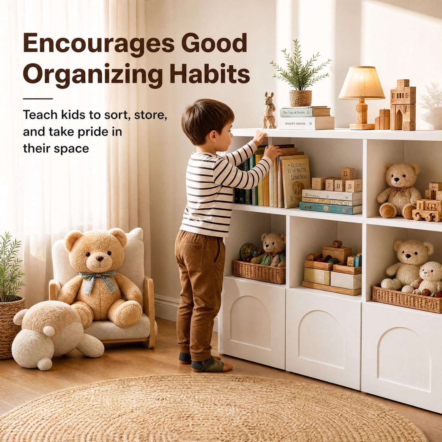 knoworld Toy Storage Organizer,Kid Bookshelf with 5 Cubbies+3 Roll Out Drawers with 360° Wheels, 15mm Thick Wooden Toy Box, Gift-Ready for Kid, Playroom Daycare Living Room, White (39" W)
