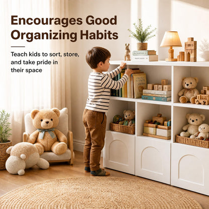 knoworld Toy Storage Organizer,Kid Bookshelf with 5 Cubbies+3 Roll Out Drawers with 360° Wheels, 15mm Thick Wooden Toy Box, Gift-Ready for Kid, Playroom Daycare Living Room, White (39" W)
