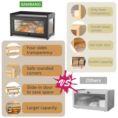 BAMBANG Bamboo Bread Box for Kitchen Countertop, Extra Large Farmhouse Bread Box with 4-Side Clear Panels, Wooden Bread Storage Container for Homemade Bread, Black