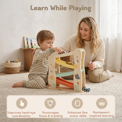 Freniland Wooden Car Ramp Toy with Cars, Toddler Race Track Set, Montessori Toys for 1-3 Year Old Boys Girls, Car Toys for Toddlers Age 18+ Months
