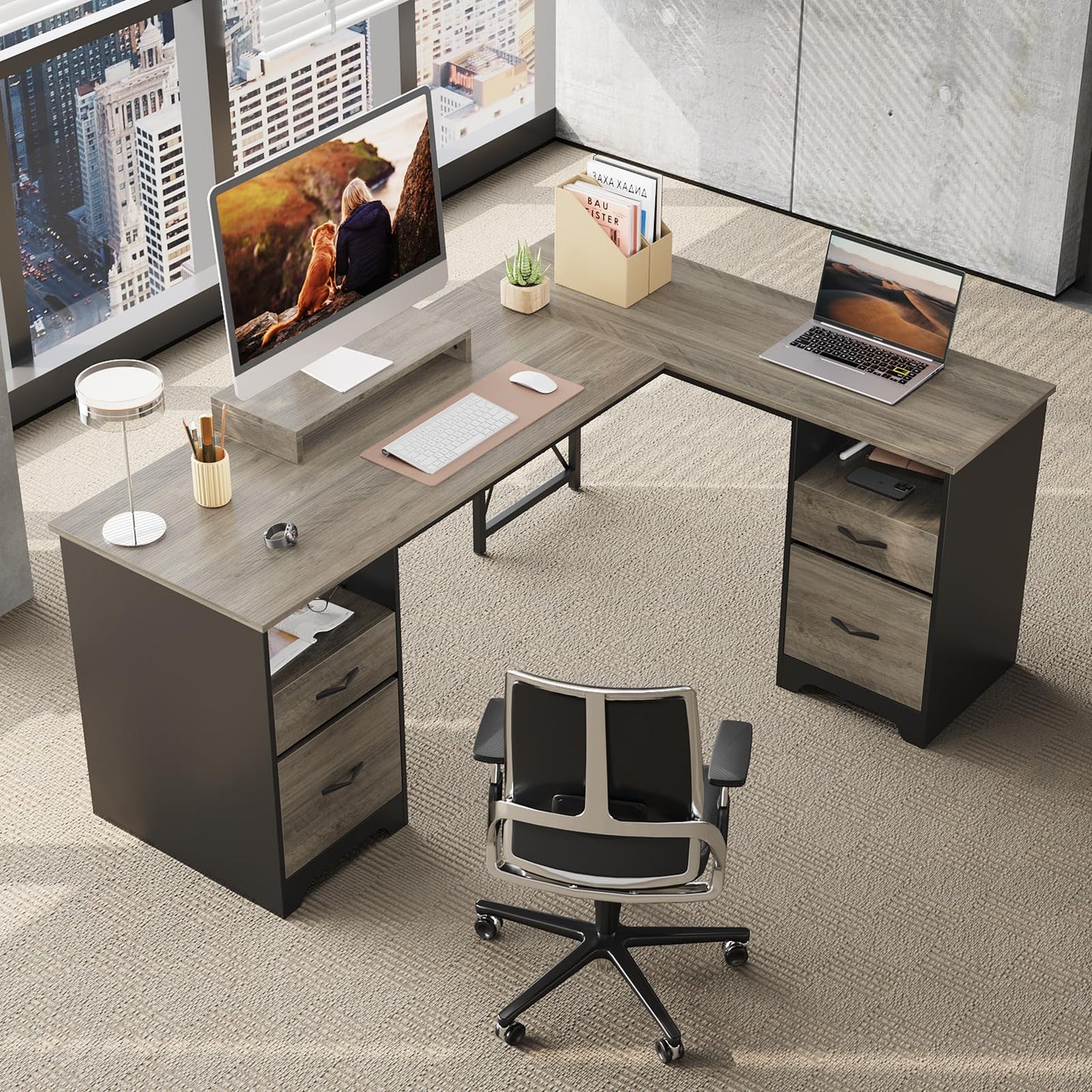 Bestier L Shaped Desk with 4 Drawers, 63" x 47" Executive Desk with Open Storage & Monitor Stand, Corner Desk with 2 File Drawers & Modesty Panel for Home Office, Gray