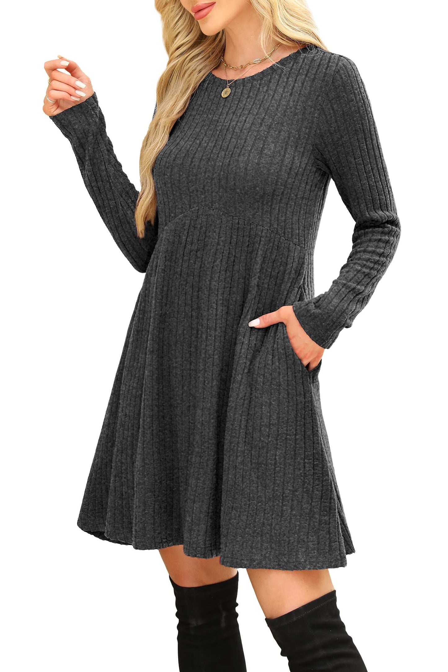 OFEEFAN Long Sleeve Dress for Women Crew Neck Empire Waist Tunic Dress with Pockets