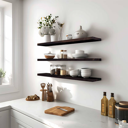 PHPH 36 Inch Wood Floating Shelves for Wall, Wooden Wall Shelves for Bedroom, Set of 4 Brown