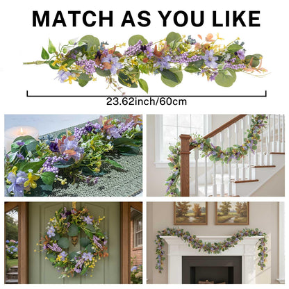 MOYEE Summer Candle Holder Centerpieces for Tables,Candle Ring, Black Metal Candlestick with an Artificial Wreath 14 in Versatile Dining Table Centrepiece (Purple Foam Flower Wreath)