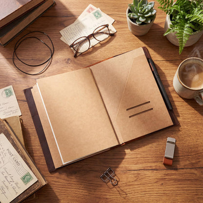 Eaasty Leather A5 Travelers Journal Notebook Cover with Inner Pockets, Card Slots and Pen Holder, Travelers Journal Inserts, PVC Folder, Binder Clip and Elastic Bands for Women Men (Brown)