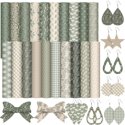 Honoson 20 Pcs Sage Green Faux Leather 8.3 x 6.3 Inch Floral Flower Synthetic Leather Sheet Spring Summer Plaid Fabric Sheets for Earrings DIY Crafts Decoration Supplies