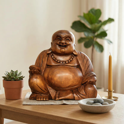 G6 Collection 8" Wooden Laughing Happy Buddha Statue Hand Carved Smiling Sitting Sculpture Handmade Figurine Decorative Home Decor Accent Rustic Handcrafted Art Decoration Happy Buddha (Small)