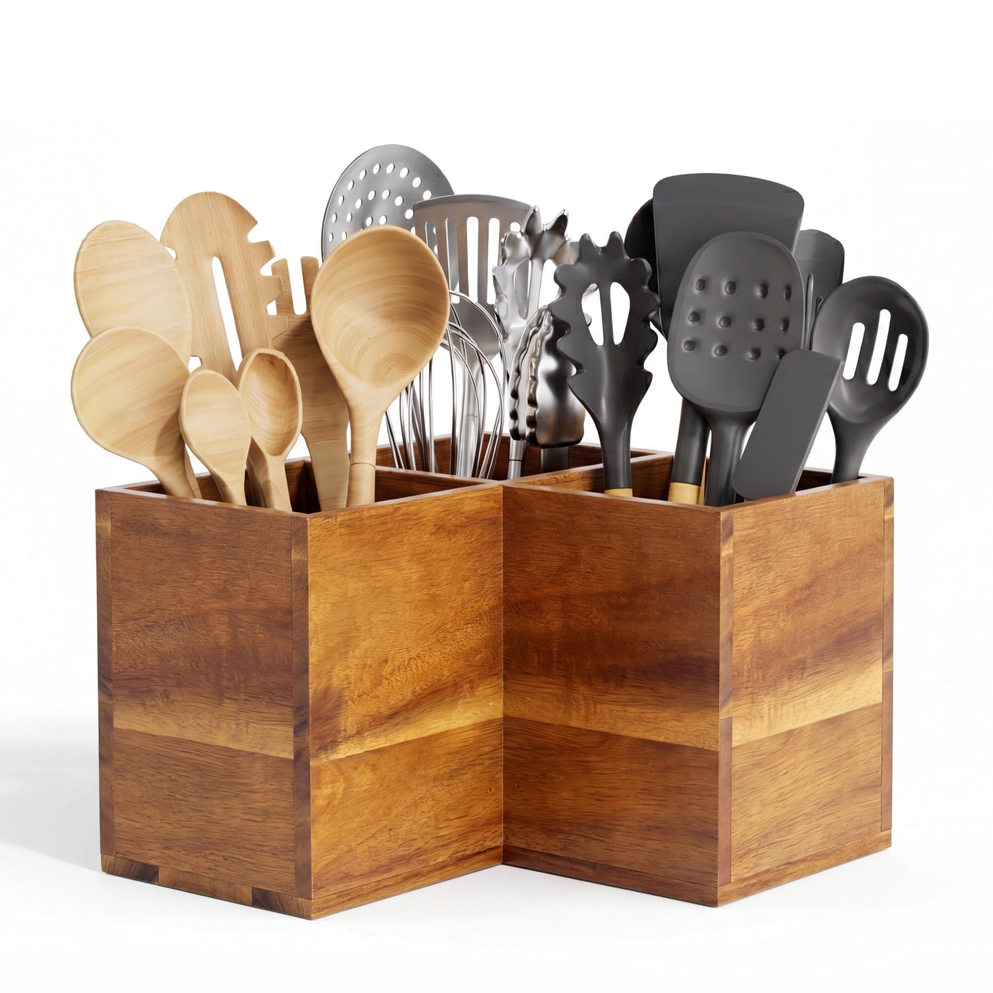 ZUJJAFY Utensil Holder, Corner Utensil Holder for Kitchen Counter, Acacia Wood Kitchen Utensil Holder for Countertop with 3 Compartments, Wooden Cooking Utensil Organizer for Spatula Storage