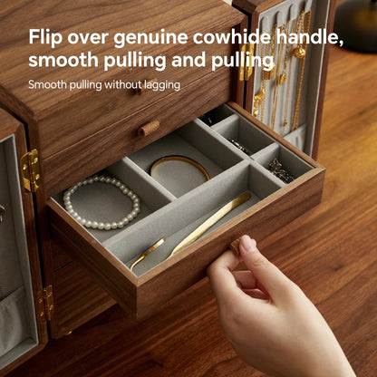 THFLSTR Black Walnut Wood Wooden Jewelry Box for Women, Large Velvet Lined Jewelry Organizer with 5 Drawers & Brass Feet, Earring Jewelry Box Organizer, Traditional Chinese Pattern Handles