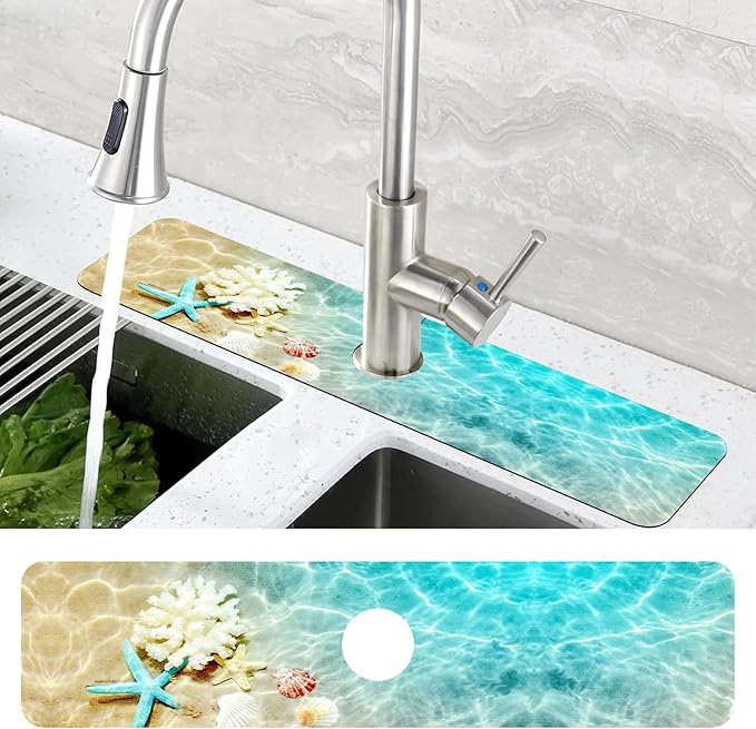 Beach Dish Drying Mat for Kitchen Sink Starfish Coral and Seashell Splash Guard