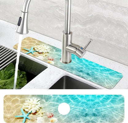Beach Dish Drying Mat for Kitchen Sink Starfish Coral and Seashell Splash Guard