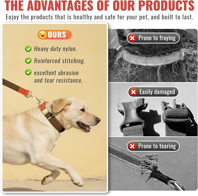 Dog Collar and Leash Set with Metal Quick Release Buckle, Adjustable, Breathable Nylon, Durable, Soft and Comfortable, No Pull for Walking and Training, Brown, XL (16.9"-26")