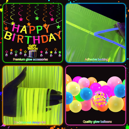 Glow in The Dark Party Supplies Kit - Neon Birthday Decorations with Balloon Garland Arch, Fluorescent Tinsel Curtains, Star Swirls, Cake Toppers & Table Skirt (100+ Pieces)