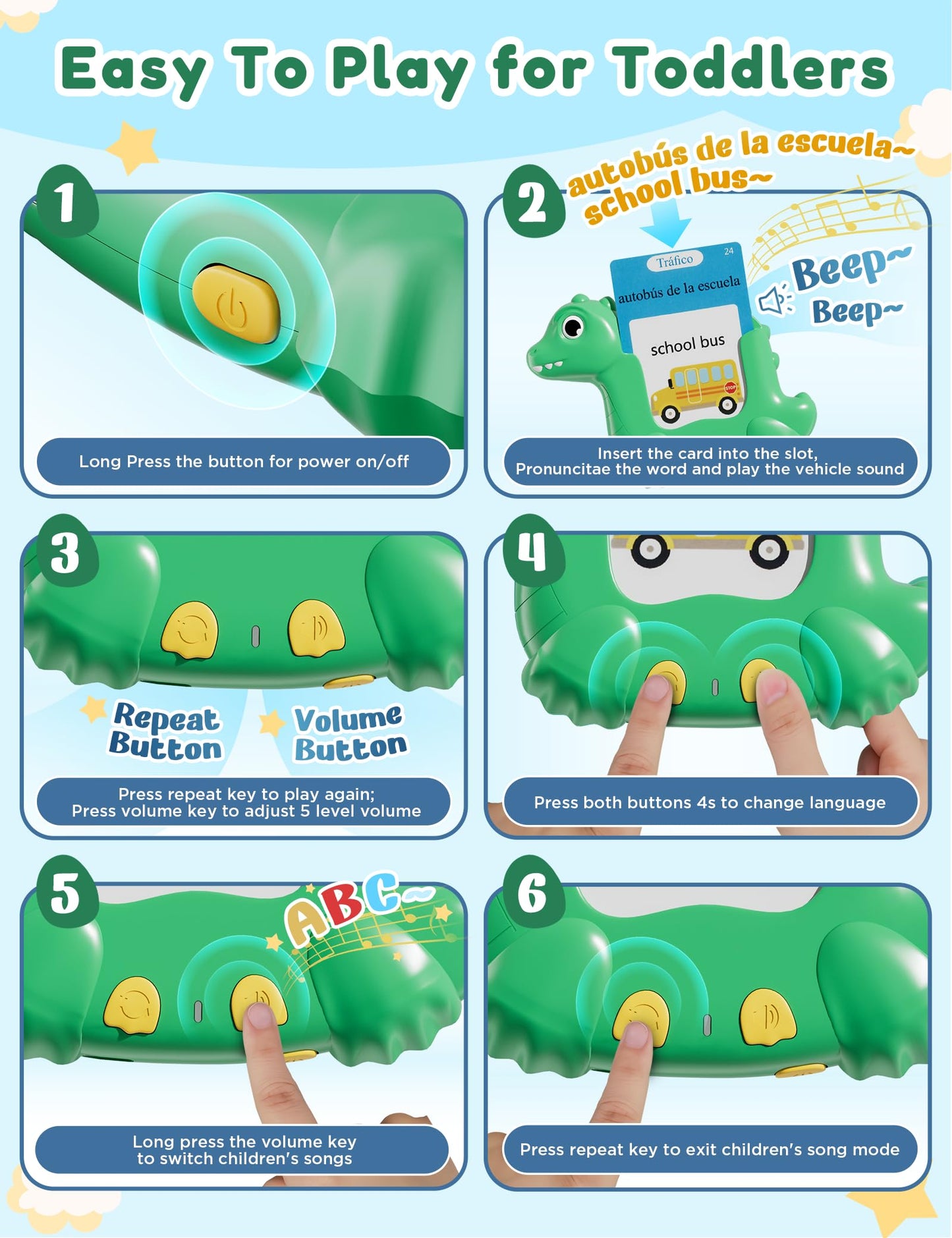 Spanish and English Talking Flash Cards for Toddlers with 510 Sight Words, Dinosaur Shaped Bilingual Buddy Pocket Speech Therapy Autism Toys, Educational Learning Toys Gift for Kid Boys Girls