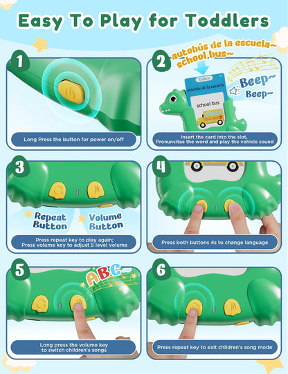 Spanish and English Talking Flash Cards for Toddlers with 510 Sight Words, Dinosaur Shaped Bilingual Buddy Pocket Speech Therapy Autism Toys, Educational Learning Toys Gift for Kid Boys Girls