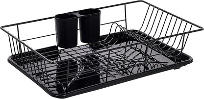 Sweet Home Collection Metal, Plasic ,Dish Drainer Drain Board and Utensil Holder Simple Easy to Use, 12" x 19" x 5", Black