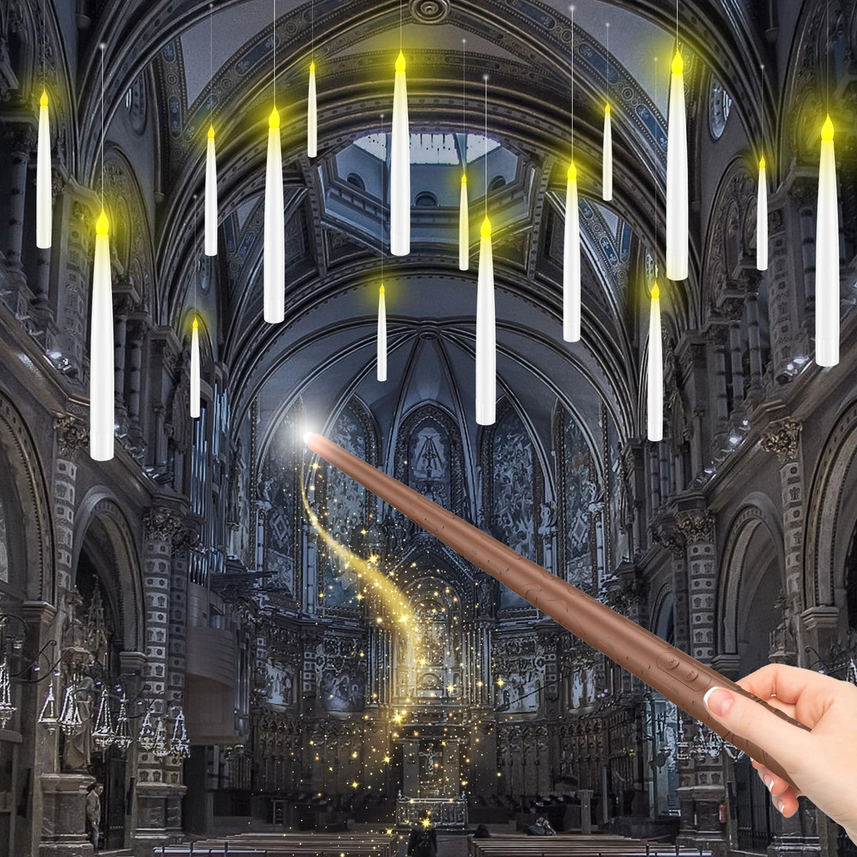 Halloween Decorations, Floating Candles with Wand, Magic Hanging Candles Flickering Warm Light Flameless LED Taper Candle with Wand Remote, Battery Operated Window Candles for Holiday Decor (12 Pack)
