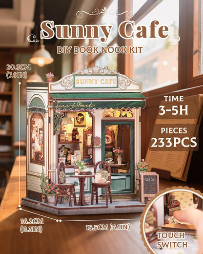 CUTEBEE Book Nook Kit - DIY Miniature House Dollhouse Kit for Adult and Teens, Booknook Bookshelf Decor Alley Model Build with LED Light, Gifts for Family and Friends (Sunny Cafe)