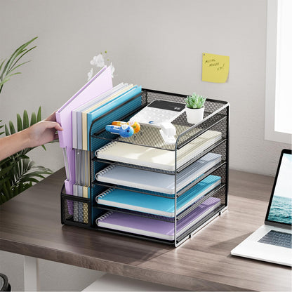 Marbrasse Desk Organizers and Accessories, 5-Tier Paper Letter Tray Organizer with File Holder, Mesh File Organizer, Office Desk Accessories & Organization for Supplies (Black)