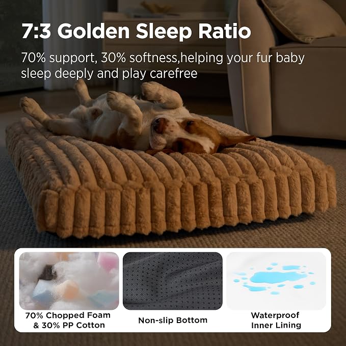Bedsure ComfyFleece™ Fluffy Plush XXL Dog Bed Crate Pillow 47x29 SandyBeige | Aesthetic Crate Bed for Balanced Support Cute Chopped Foam Pad with Removable Washable Cover Non-Slip Waterproof Cozy Pet Mat